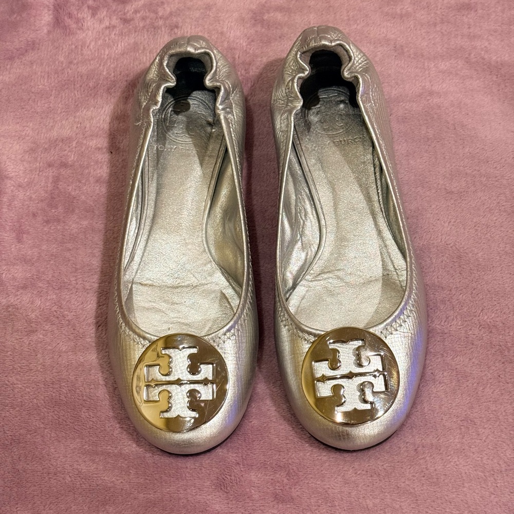 Tory Burch Metallic Silver Flats with Gold Logo